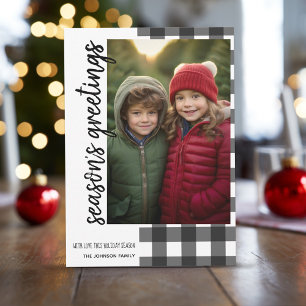 Season's Greetings Photo White Black Buffalo Plaid Holiday Card