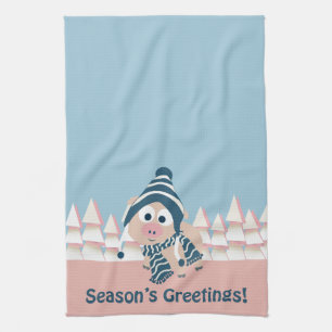 Season's Greetings pig Tea Towel