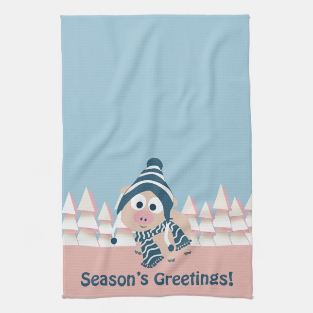 Season's Greetings pig Tea Towel (Vertical)
