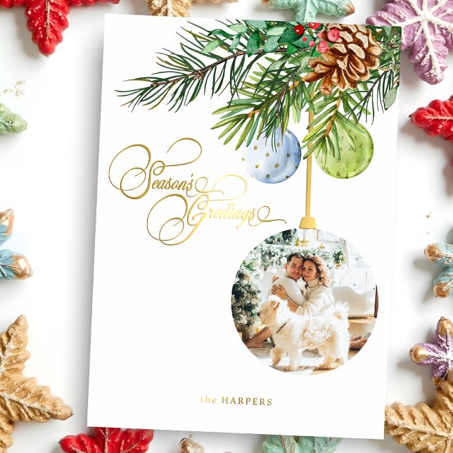 Season's Greetings Pine Christmas Ornament Photo Foil Holiday Card (Creator Uploaded)