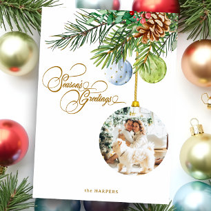 Season's Greetings Pine Christmas Ornament Photo Holiday Card