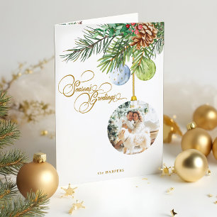Season's Greetings Pine Christmas Ornament Photo Holiday Card