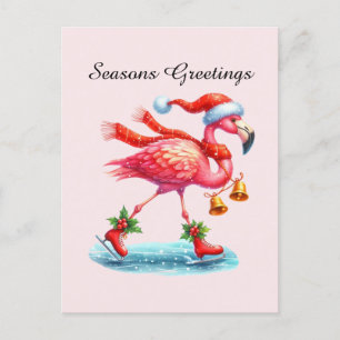 Seasons greetings pink flamingo holiday postcard