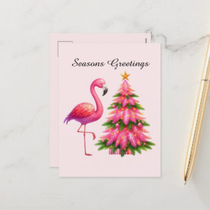 Seasons Greetings pink flamingo Holiday Postcard