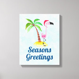 Seasons Greetings Pink Flamingo in Santa Hat Canvas Print