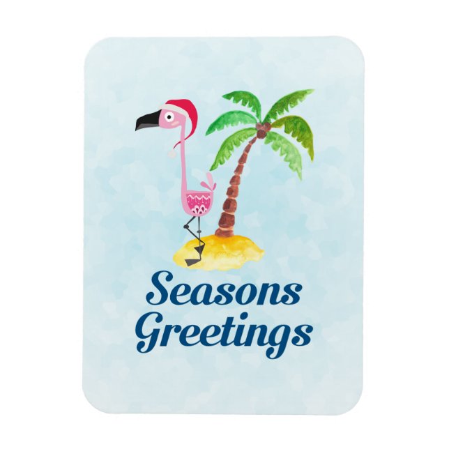 Seasons Greetings Pink Flamingo in Santa Hat Magnet (Vertical)