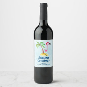 Seasons Greetings Pink Flamingo in Santa Hat Wine Label