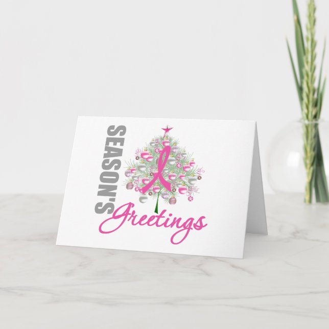Season's Greetings Pink Ribbon Tree Holiday Card (Front)