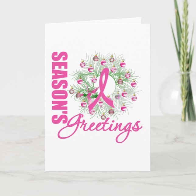 Season's Greetings Pink Ribbon Wreath Holiday Card (Front)
