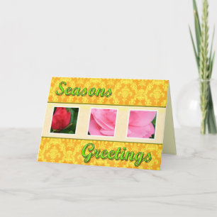 Season's greetings pink rose flowers holiday card