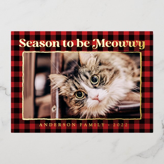 Season's Greetings Plaid Funny Pet Cat Photo Foil Holiday Card (Front)