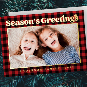 Season's Greetings Plaid Pattern Family Photo Foil Holiday Card