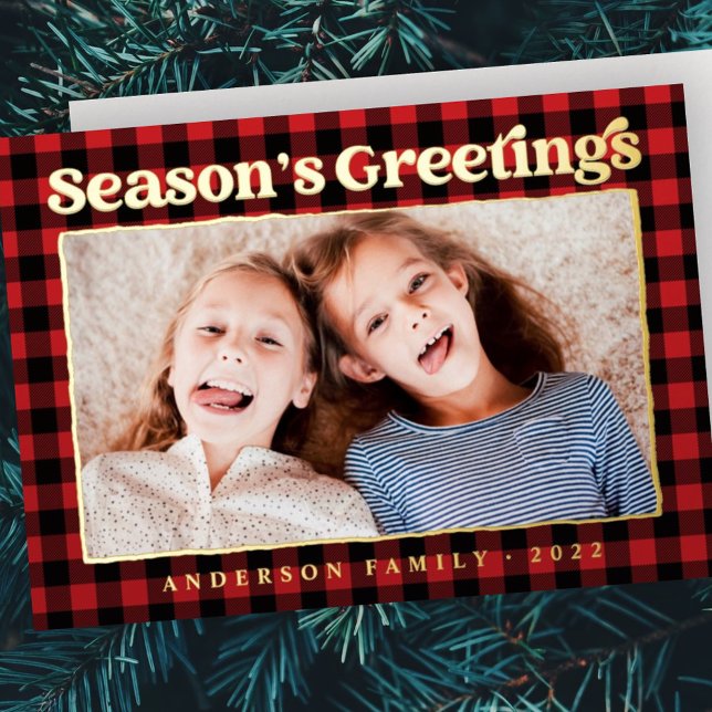 Season's Greetings Plaid Pattern Family Photo Foil Holiday Card (Creator Uploaded)