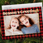Season's Greetings Plaid Pattern Family Photo Foil Holiday Postcard<br><div class="desc">Design is composed of red and black plaid/tartan pattern. Add a custom photo of you with the rest of your family. The photo is adorned above with unique gold greetings. To align your photo, unmask the photo template by clicking unmask button. Once the photo is aligned, select the SVG shape...</div>