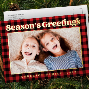 Season's Greetings Plaid Pattern Family Photo Foil Holiday Postcard
