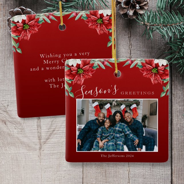 Season's Greetings Poinsettia Photo Christmas Ceramic Ornament (Season's Greetings Poinsettia Photo Christmas Ceramic Ornament)