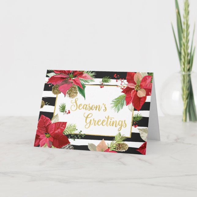 Season's Greetings Poinsettias, Black Stripes Card (Front)