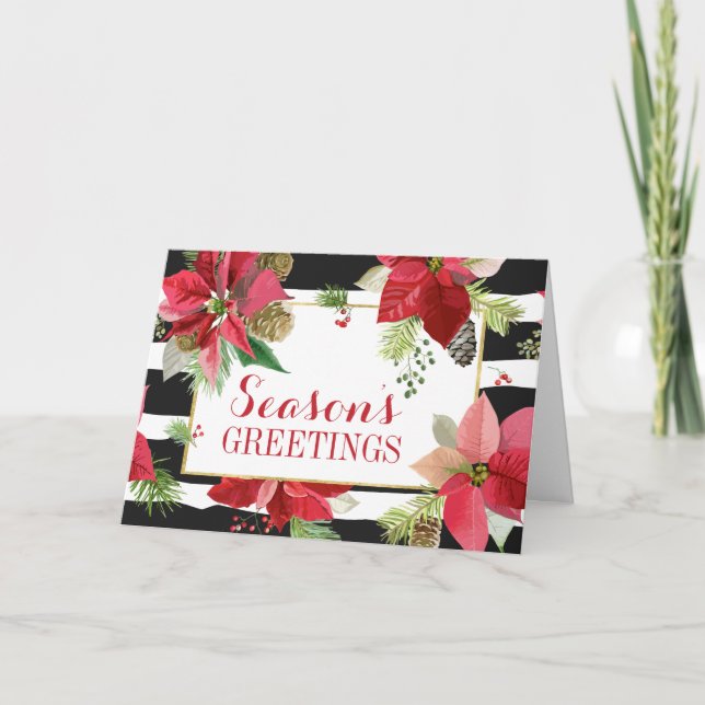 Season's Greetings Poinsettias, Black Stripes Card (Front)