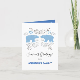 Season's greetings polar bear blue Nordic  white Holiday Card