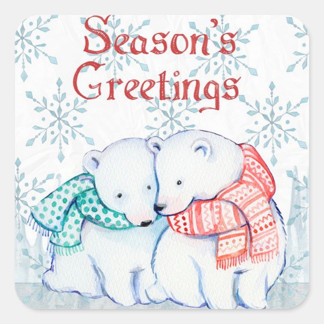 Seasons Greetings Polar Bears Square Sticker (Front)
