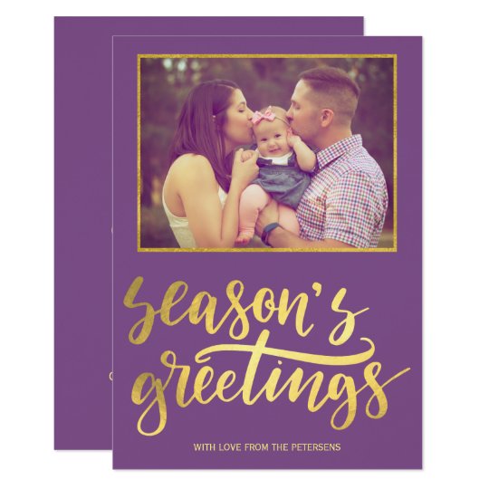 Season's greetings purple violet gold script photo card