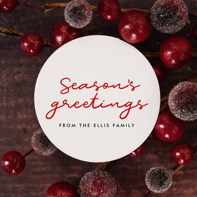 Season's Greetings red and white Minimalist Classic Round Sticker (Creator Uploaded)