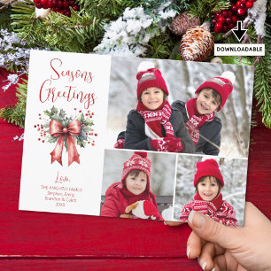 Seasons Greetings Red Bow 3 Photos Script Holiday Card