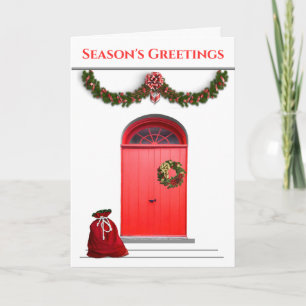 Season's Greetings Red Doors Garland Santa Bag Holiday Card