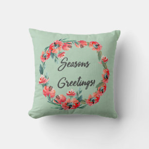 Seasons Greetings Red Floral Watercolor Wreath Cushion