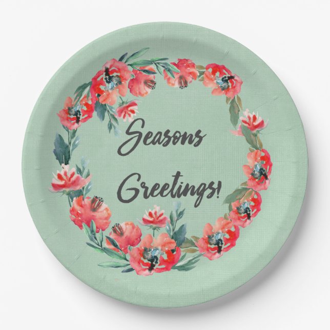 Seasons Greetings Red Floral Watercolor Wreath Paper Plate (Front)