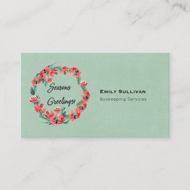 Seasons Greetings Red Floral Wreath And Retro Deer Business Card (Front)