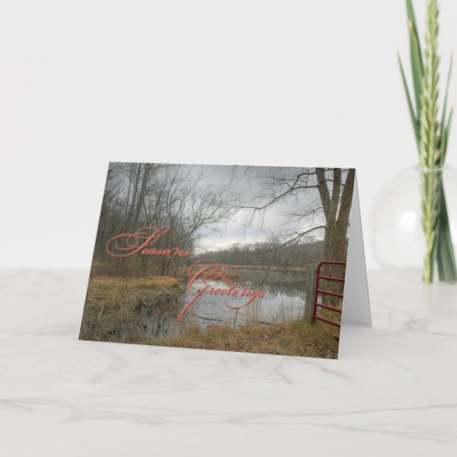 Season's Greetings - Red Gate In The Rain Holiday Card (Front)
