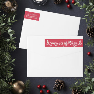 Seasons Greetings Red Modern Script Return Address Wrap Around Label