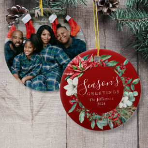 Season's Greetings Red Poinsettia Photo Christmas Ceramic Ornament