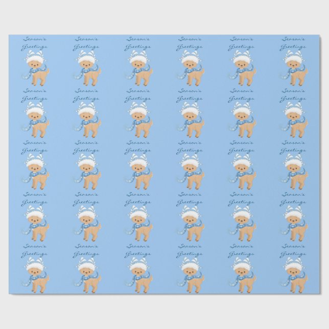 Season's Greetings Reindeer Blue Wrapping Paper (Flat)
