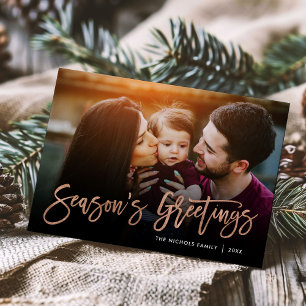Season's Greetings Rose Gold Script Photo Overlay Holiday Card