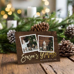 Season's Greetings Rustic Gold Script Photo Foil Holiday Card<br><div class="desc">Affordable custom printed photo greeting cards with simple templates for customisation. This rustic chic design features a 2 photo template with real gold foil script text on a wood-look background. Personalise it with your photos, family name, the year or other custom text. Reverse side has space for additional photos and...</div>