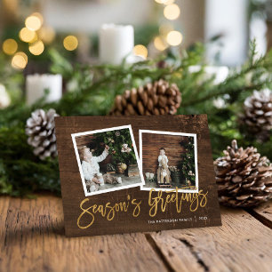 Season's Greetings Rustic Gold Script Photo Holiday Card