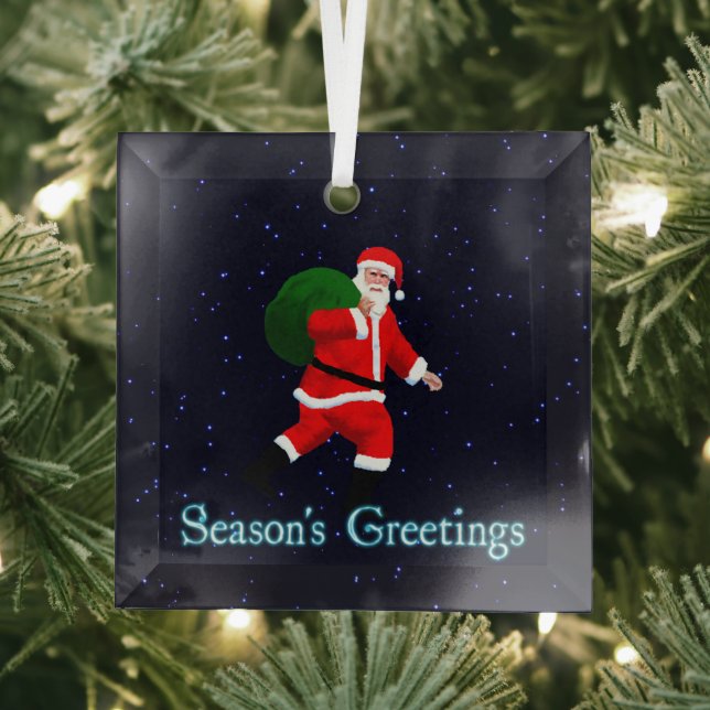Season's Greetings - Santa Claus Glass Tree Decoration (Insitu)