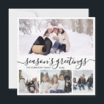 Season's Greetings Script Photo Collage Christmas  Holiday Card<br><div class="desc">Elegant Calligraphy Minimalist Black and White 4 Photo Collage "Season's Greetings" Script Christmas Holiday Greeting Card. This festive, mimimalist, whimsical four (4) photo holiday card template features a pretty photo collage and says „Season's Greetings”. The text is written in a beautiful hand lettered cursive, swirly swash-tail font type. On the...</div>