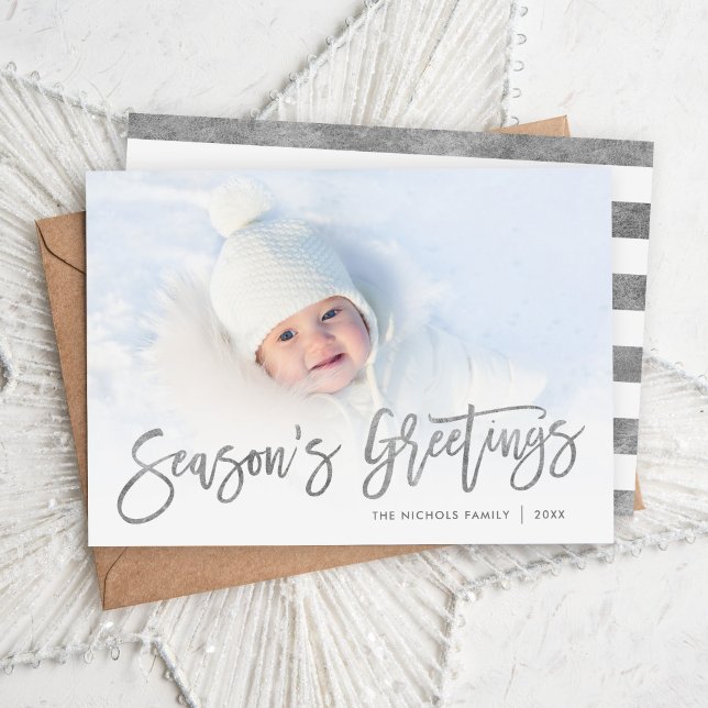 Season's Greetings Silver Script Photo Overlay Holiday Card (Creator Uploaded)