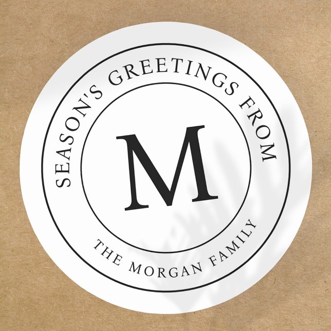 Season's Greetings Simple Chic Family Monogram Classic Round Sticker (Creator Uploaded)