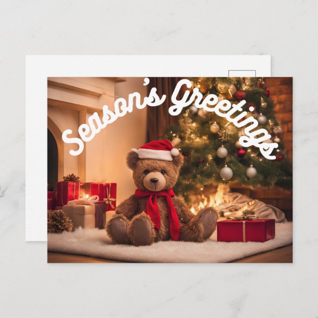 Season's Greetings Smiling Teddy Bear Fireplace Holiday Postcard (Front/Back)
