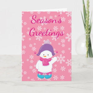 Season's Greetings Snow man Pink Holiday Card