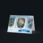 Season's Greetings. Snow Scene with Menorah Holiday Card<br><div class="desc">Happy Hanukkah,  Merry Christmas,  Happy New Year,  Season's Greetings. Snow Scene with Menorah Painting customisable Greeting Cards. Matching cards and gifts  available in the Jewish Holidays | Hanukkah Category of our store.</div>