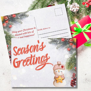 Season's Greetings Snowman Christmas Holiday Postcard