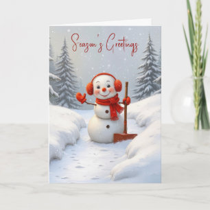 Season's Greetings Snowman with a Red Shovel Card