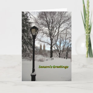 Seasons Greetings Snowy Lamp in Park Holiday Card