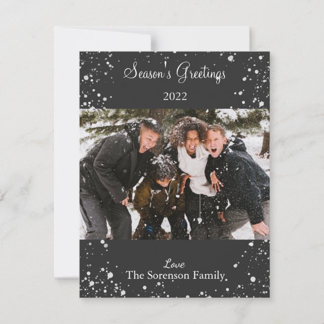 Seasons Greetings Snowy Photo Black White Script H Holiday Card (Front)