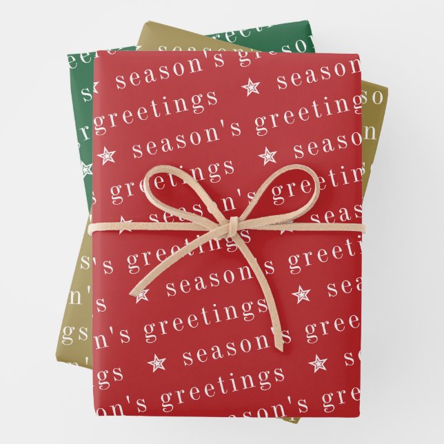 Season's Greetings Star Red Green Gold Christmas Wrapping Paper Sheet (In situ)